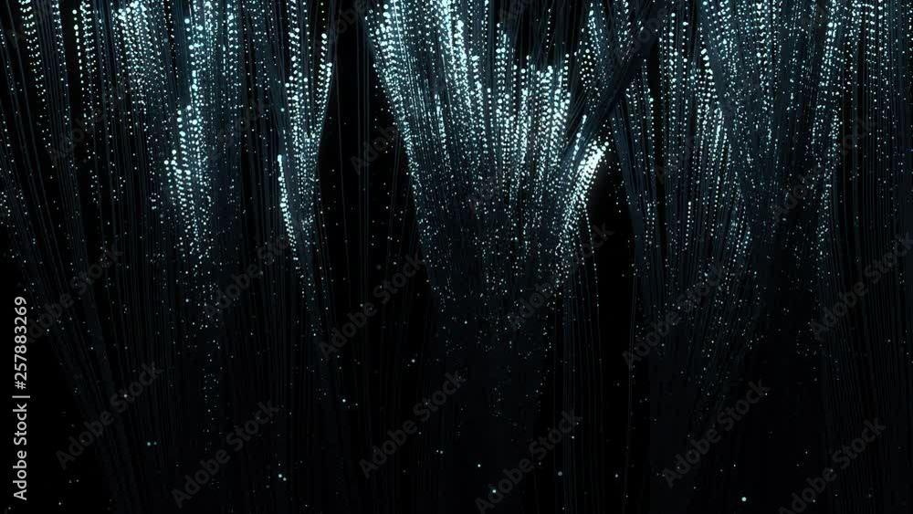 Poster 3d render of particles that through the thin wires. data transfer concept. technology background. lo