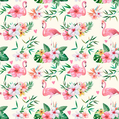 Seamless pattern, tropical pattern with flowers, leaves, with a flamingo bird. Watercolor illustration.