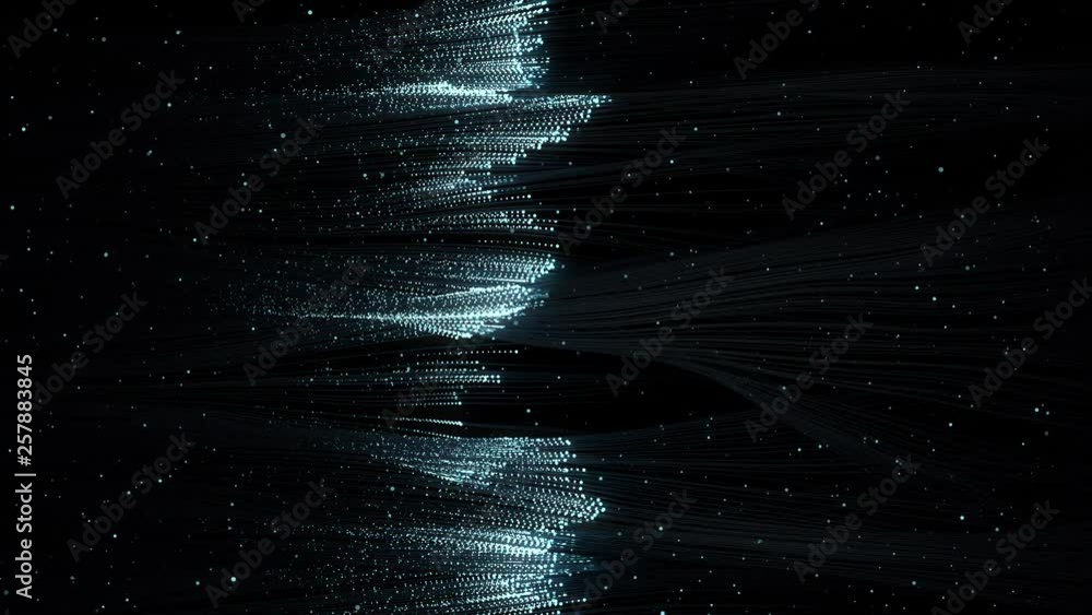 Poster 3d render of particles that through the thin wires. data transfer concept. technology background. lo