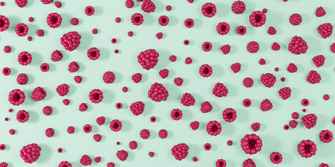 Raspberry berries scattered on a green background  - 3D illustration
