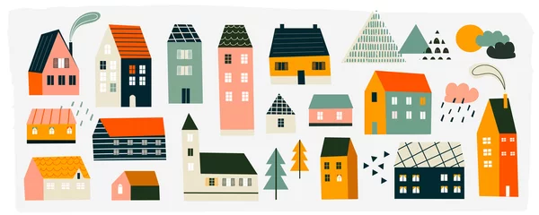 Foto op Canvas Various small tiny houses, trees and mountains. Paper cut style. Flat design. Hand drawn trendy illustration. Big colored vector set. All elements are isolated © Dariia