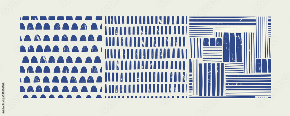 Poster various lines and shapes. stamp texture. set of three blue and white abstract seamless patterns. han