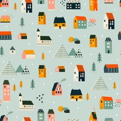 Various small tiny houses, trees and mountains. Paper cut style. Flat design. Hand drawn trendy illustration. Big colored vector seamless pattern. Grey background