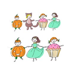 Vector illustration. Set. Children in food costumes. Pumpkin, cat, cupcake, Princess. Halloween costumes. Fancy dresses.