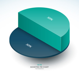 Infographic isometric pie chart template. Share of 50 and 50 percent. Vector illustration.