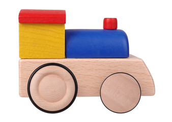 Colorful toy wooden train locomotive isolated on white background