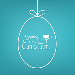 Vector Template of Hanging Egg Form with Lettering Happy Easter on blue background. For Easter Banner, Poster, Flyer, Brochure, Postcard. Vector illustration for Your Design, Web.