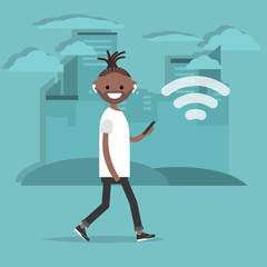 Young character walking down the street with wireless headphones.Wireless icon.Flat cartoon design