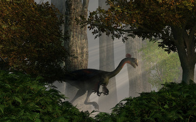 Gigantoraptor was an oviraptorosaurian dinosaur of the late cretaceous period. Here it hunts for prey in a Cretaceous era jungle. 3D Rendering