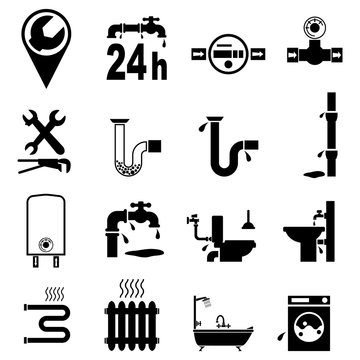 Repair services logo. Plumbing services, icon set. Black. Vector illustration.