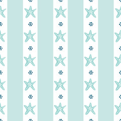 Sea star seamless stripe pattern in turquoise, white and navy blue. Soft, pretty repeat design. Great for beach wedding invitations, coastal home decor, nautical textiles, summer fashion and swimwear.