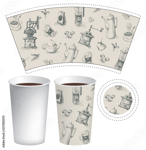 Vector Paper Cup Template For Hot Drink In Retro Style Disposable Tea Or Coffee Cup With Drawings Of Teapots Cups Coffee Grinders And Other Doodles On Tea And Coffee Theme Wall Mural Paseven Vector Paper Cup Template For Hot Drink In Retro Style Disposable Tea Or Coffee Cup With Drawings Of Teapots Cups Coffee Grinders And Other Doodles On Tea And Coffee Theme Wall Mural Paseven