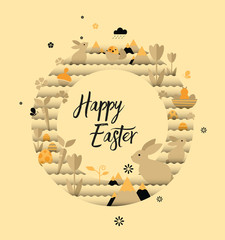 Holiday illustration. Easter wreath with greetings, easter bunnies, tulips, eggs, flowers, butterflies and carrots on yellow background.