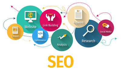 SEO search engine optimization banner web icon for business and marketing, traffic, ranking, optimization, link and keyword. Minimal vector infographic.