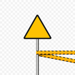 Danger. Badge on a pole and protective tapes. Warning sign. Yellow triangle. Vector image on a transparent background.