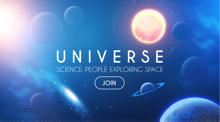 Planets in Universe with Star, Nebula and Galaxy Lights. 3D REalistic Space. Cosmos Design. © feaspb