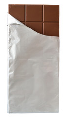 Dark chocolate bar in silver foil packaging top view isolated