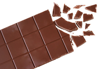 Bar of chocolate with broken cubes isolated