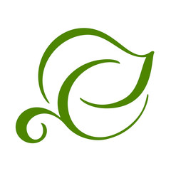 Logo of green leaf of tea. Ecology nature element vector icon symbol. Eco vegan bio calligraphy hand drawn illustration