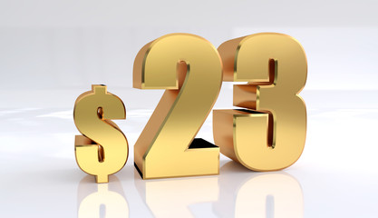 23 dollar price symbol. red text number 3d render with dollar sign on white background - Illustration