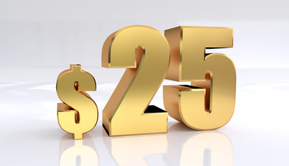 25 dollar price symbol. red text number 3d render with dollar sign on white background - Illustration