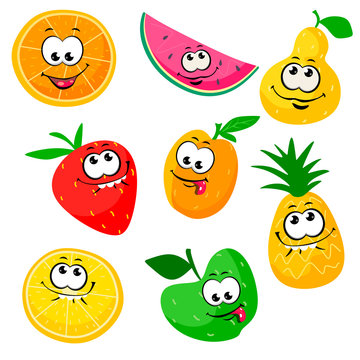 Cute and funny fruit characters with eyes. Vector fruit isolates on white background