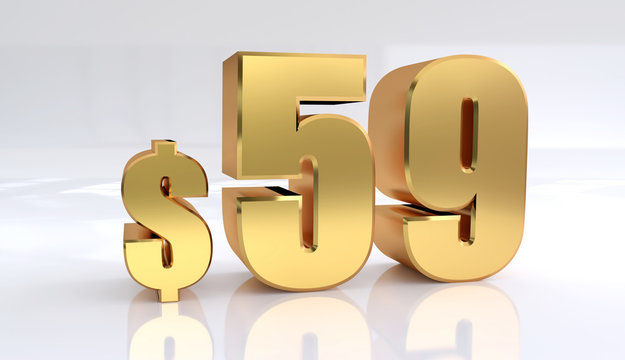 59 dollar price symbol. red text number 3d render with dollar sign on white background - Illustration