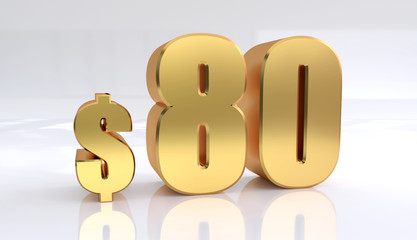 80 dollar price symbol. red text number 3d render with dollar sign on white background - Illustration