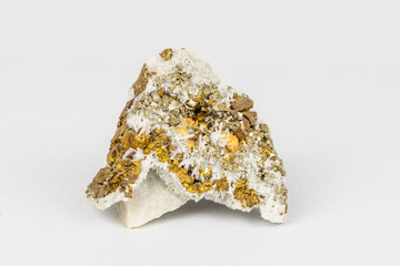 The Chalcopyrite (CuFeS2) contains Copper, Iron and Sulfur here in combination with Quartz