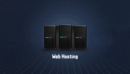 Web hosting concept with three servers and web hosting text below. Simple, flat, hero header image.
