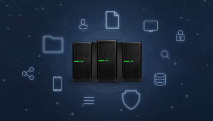 Web hosting servers surrounded with online services icons. Abstract background with network threads.