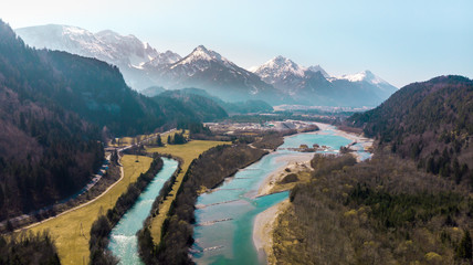 Drone Shot River near Lechfall in Füssen, Germany