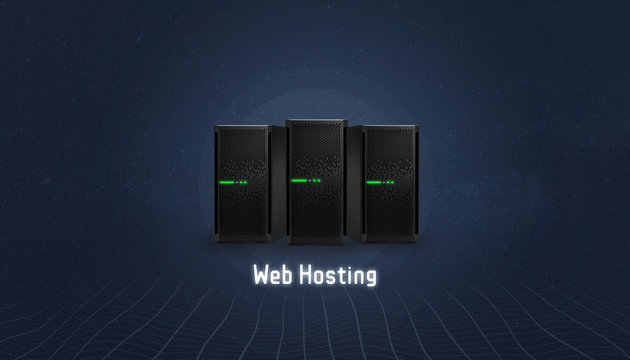 Web hosting concept with three servers and web hosting text below. Simple, flat, hero header image.