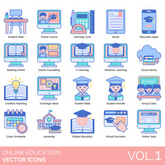 Fototapeta na wymiar Online education icons including student desk, course, learning tools, ebook, app, reading, counseling, e-learning, distance, cloud library, creative teaching, exchange ideas, male, female, class.