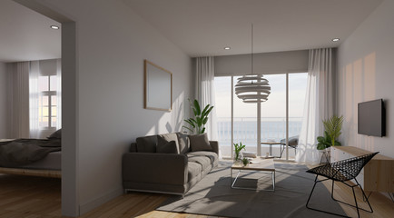 Modern living room interior with sofa and green plants,lamp,table on living coral color of the Year 2019,3d rendering.