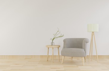 Fototapeta na wymiar Interior mock up with gray velvet armchair in living room with white wall. 3D rendering.