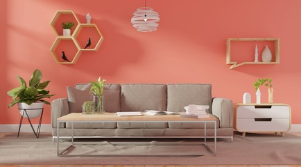 Living room interior wall mock up with pink tufted sofa, multi-colored pastel pillows, plaid and flowers in vase on neutral empty warm white background. 3D rendering.