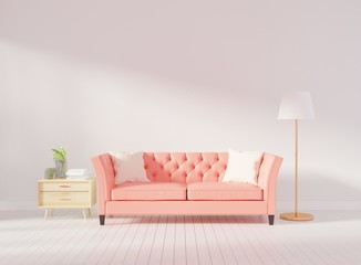Living room interior wall mock up with pink tufted sofa, multi-colored pastel pillows, plaid and flowers in vase on neutral empty warm white background. Free space on left. 3D rendering.