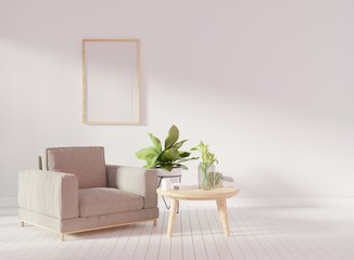 Interior mock up with gray velvet armchair in living room with white wall. 3D rendering.