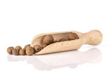 Lot of whole dry brown allspice berries with wooden scoop isolated on white background