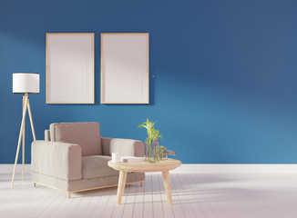 Poster mock up with two vertical frames on beige wall in living room interior with pastel sofa, lamp and plant in vase. 3D rendering. - Illustration