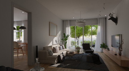 Modern living room interior with sofa and green plants,lamp,table on living coral color of the Year 2019,3d rendering.