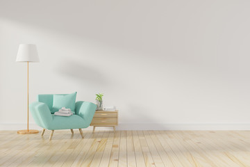 Living room interior wall mock up with pink tufted armchair, pastel pillow, standing lamp and flowers in vase on neutral empty warm white background. Free space on left. 3D rendering. - Illustration