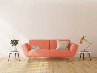 Living room interior wall mock up with pink tufted sofa, multi-colored pastel pillows, plaid and flowers in vase on neutral empty warm white background. Free space on left. 3D rendering.