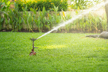 Sprinkler watering grass in garden under sunlight. Lawn sprinkler in action