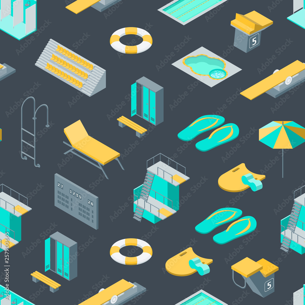 Poster swimming pool elements 3d seamless pattern background isometric view. vector