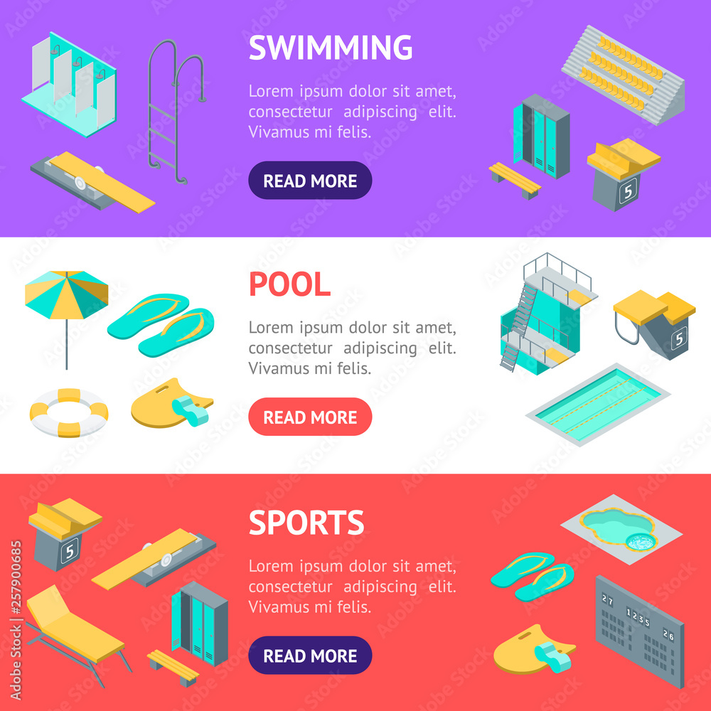 Poster swimming pool elements 3d banner horizontal set isometric view. vector