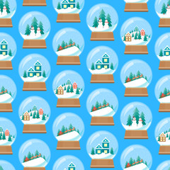 Cartoon Snow Globe Seamless Pattern Background. Vector