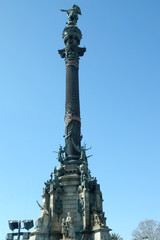 BARCELONA-SPAIN-FEB 22, 2019: The Columbus Monument. It was constructed for the Exposición Universal de Barcelona and is located at the site where Columbus returned to Spain from America.
