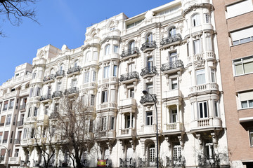 Fototapeta na wymiar MADRID-SPAIN-FEB 19, 2019: The architecture of Madrid has preserved the look and feel of many of its historic neighbourhoods and streets.